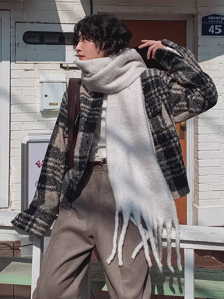 SYUHGFA ملابس رجالية معطف صوفي قصير 2025 الشتاء سميكة الكورية نمط موضة فضفاضة الاتجاه سترة غير رسمية منقوشة الذكور القمم