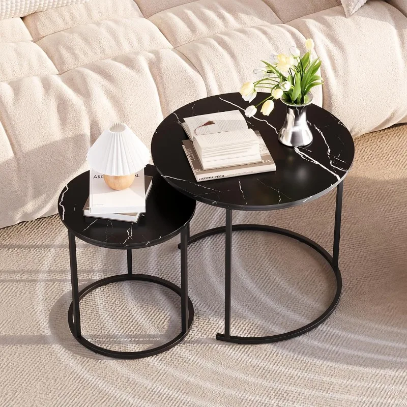 

Coffee Table Nesting Black Set of 2 Side - Black Frame and Round Black Marble Wood Table, Industrial End Table Side .