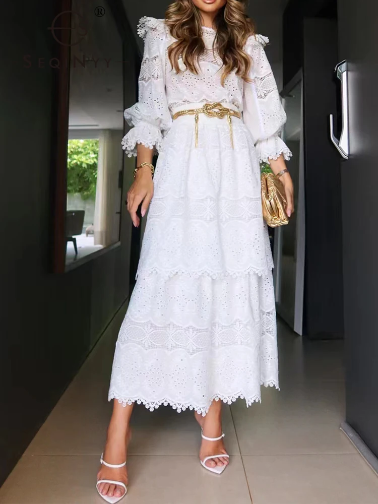 

SEQINYY Elegant White Set Summer Spring New Fashion Design Women Runway Lantern Sleeve Top + A-Line Long Skirt Lace Hollow Out