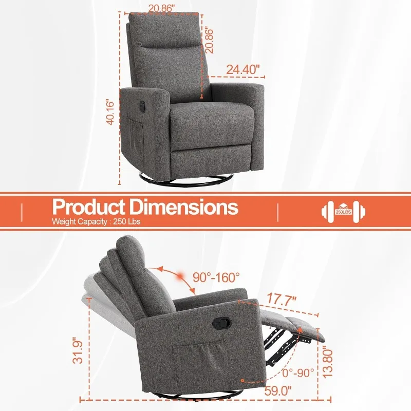 Sweetcrispy Swivel Rocking, Glider Rocker Recliner, Nursery Chair with Extra Large Footrest for Living Room, High Back