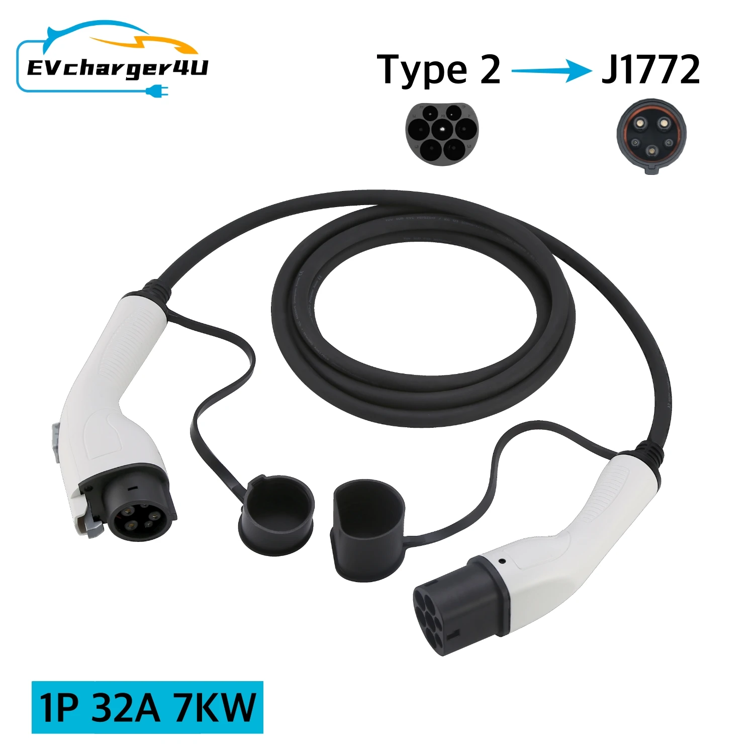 EVcharger4U EV Charging Cable Type2 to Type1 J1772 Plug 1P 32A 7KW 4M Electric Vehicle Cord for US/KR/JP EV on Public AC Station