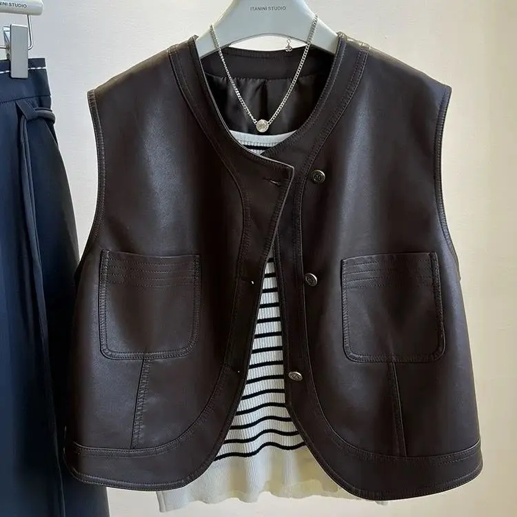 Autumn short leather vest for women 2024 new Korean style motorcycle suit sleeveless vest  jacket trendy top