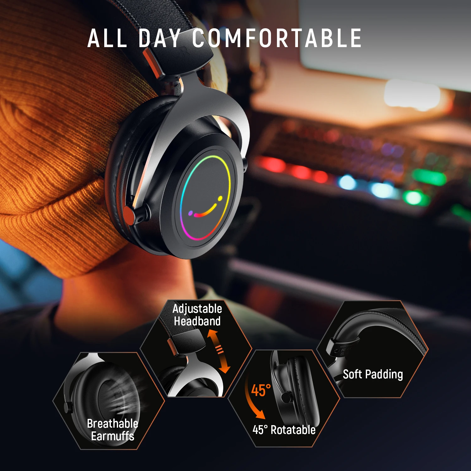 FIFINE 게임용 RGB 헤드셋, 라인 제어, 분리형 마이크, PC,PS4, 5, 스위치, Xbox, 모바일용, 3.5mm 오버이어 헤드폰, AMPLIGAME H3