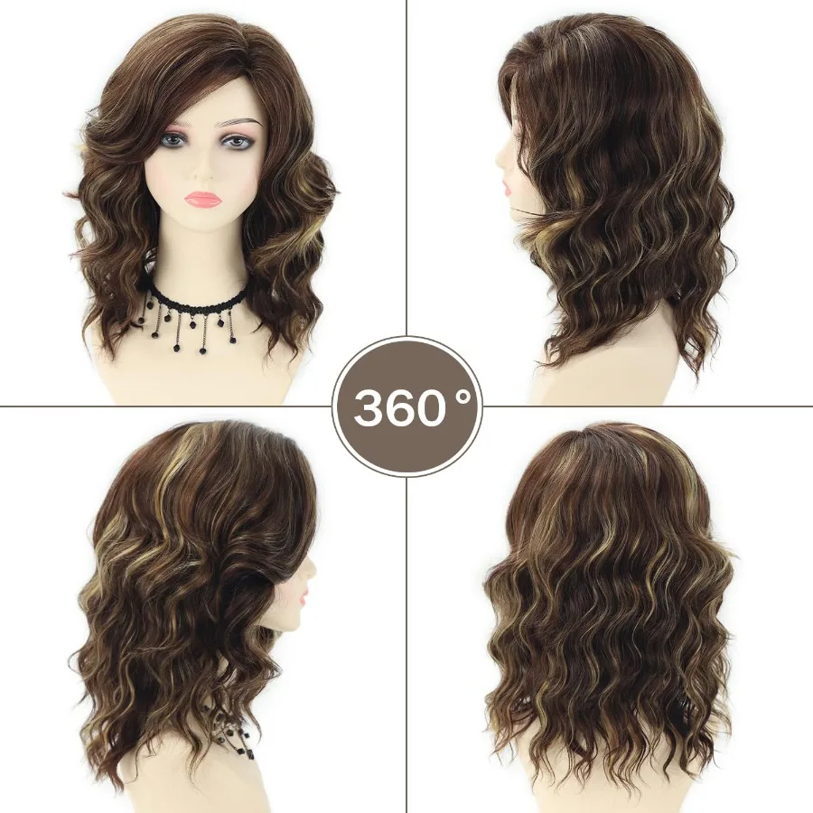 Pelucas marrones de longitud media para mujeres blancas con peluca rubia mixta marrón rizada corta con flequillo pelo sintético ondulado en capas bo
