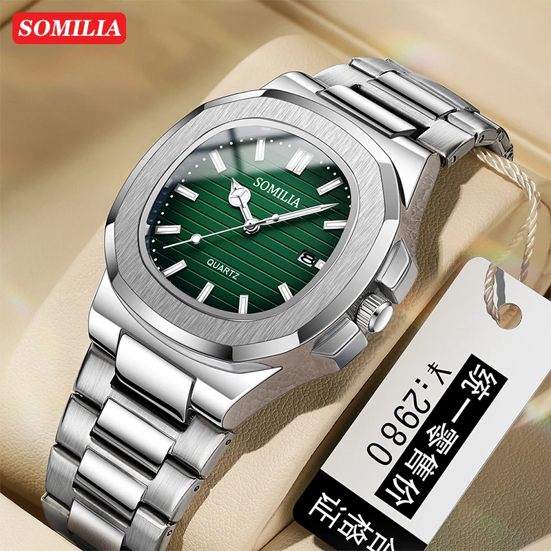 SOMILIA 2310 Reloj de lujo para hombre, resistente al agua, con luz nocturna, reloj de acero inoxidable para hombre, reloj informal de cuarzo para hombre, reloj para hombre