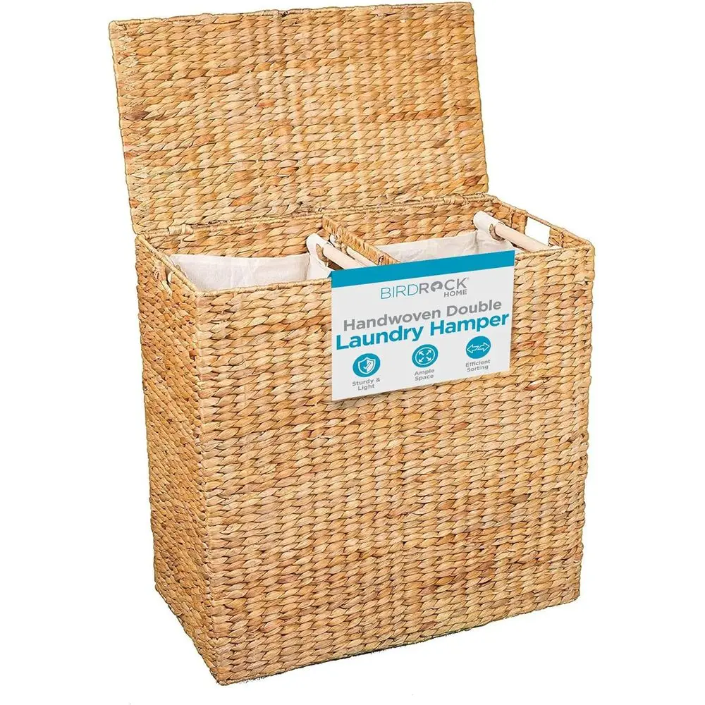 

Laundry Hamper Divided Interior (Natural) | Eco Friendly | Made of Hand Woven Hyacinth Fibers | Includes Two Removable Cotton Li
