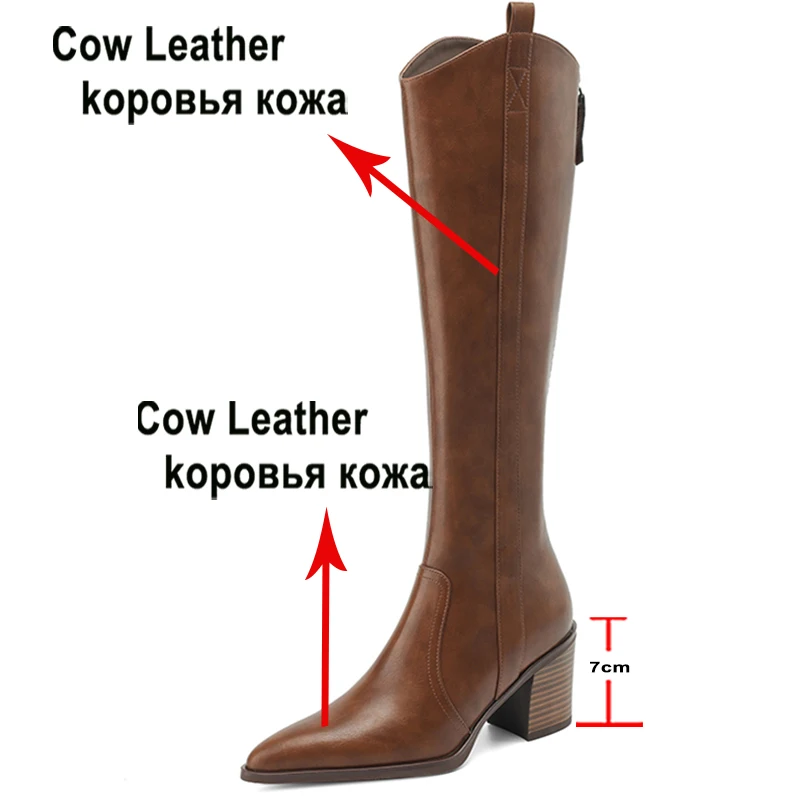 Meotina Women Genuine Leather Knee High Cowgirl Boots Pointed Toe Thick High Heels Zipper Western Gogo Boots Ladies Shoes Winter