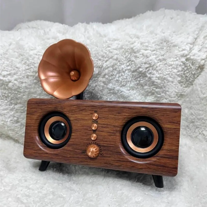 New Mini Portable Retro Wood Bluetooth Speaker Wireless Double Horn Subwoofer Card Computer Desktop Audio Support TF AUX Input