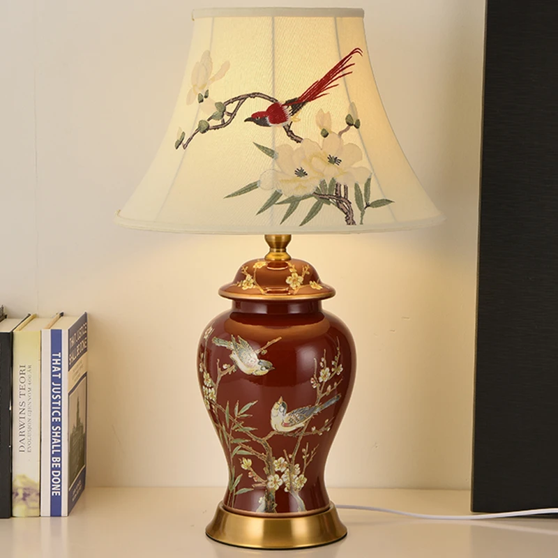 

American Hand Embroidery Magpie Lampshade Magpie And Flower Ceramic Table Lamps Living Room Bedroom Retro Home Decor Desk Lights