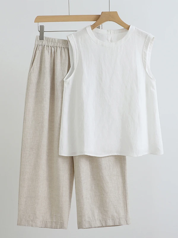

Summer New Style Cotton Linen Sleeveless Set Wide Leg Nine Points Pants T Shirt Two Piece Set Fashionable Women's Ensemble
