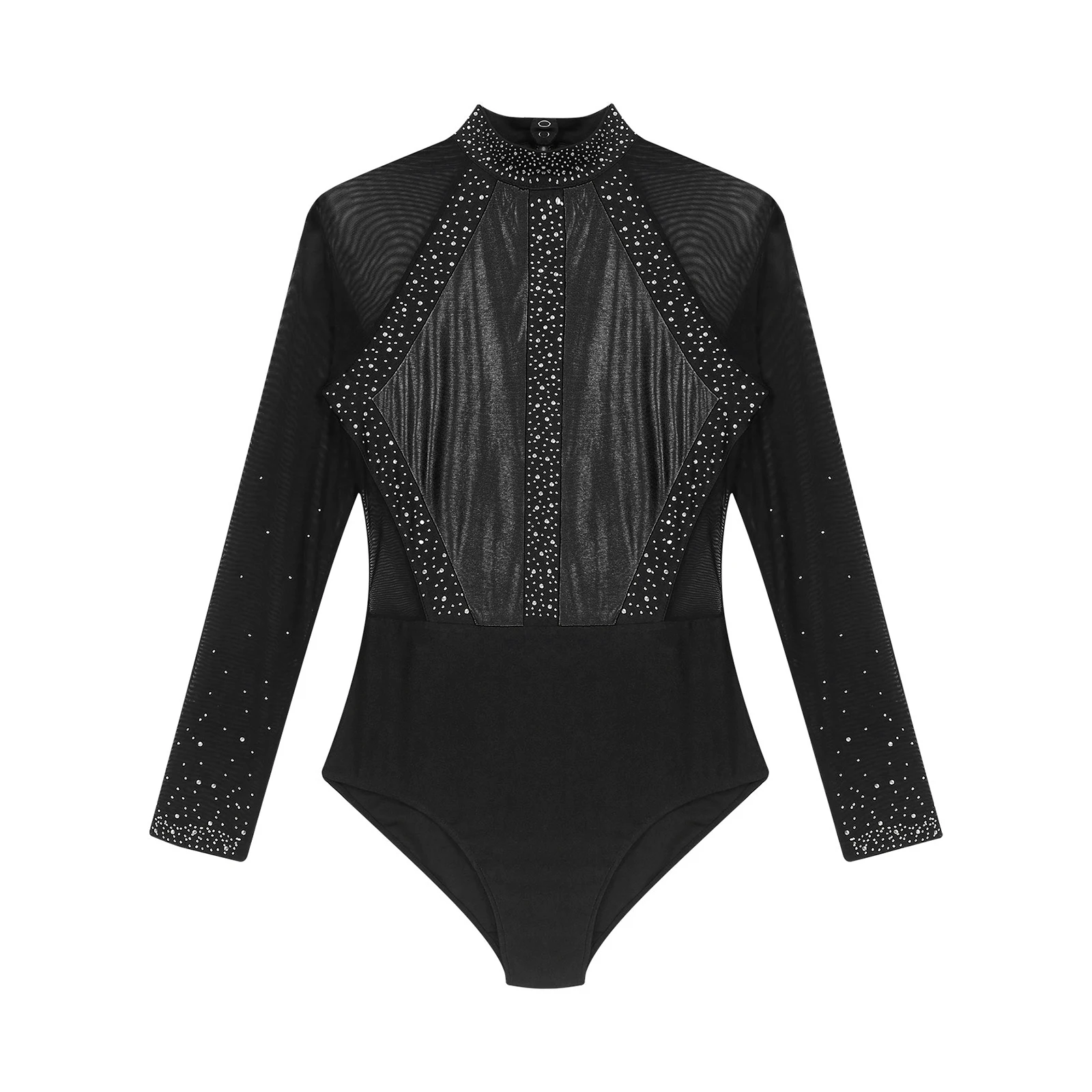 Womens Sparkling Rhinestone Gymnastics Bodysuit Ballet Leotard Patchwork Keyhole Back Sheer Mesh Long Sleeve Skating Jumpsuit