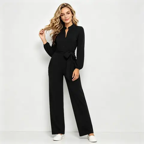 Women's Medical Scrub Jumpsuit - Stretchy One-Piece Workwear with Pockets, Belt, and Long Sleeves
