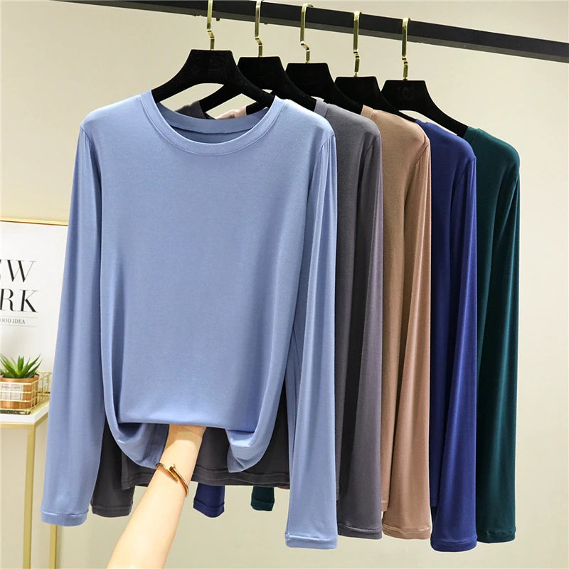 Modal Long Sleeve T-shirt Women\'s 2023 New Autumn/Winter Loose O-Neck Baisc Bottoming Shirt Korean Solid Thin All-Match Top