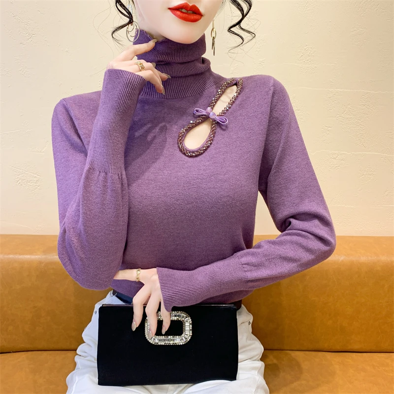 

2025, новинка, европейская, одежда, осень, зима, вязаный, водолазка, женский, шикарный, сексуальный, с бисером, полые топы, длинный рукав, джемпер, 4117