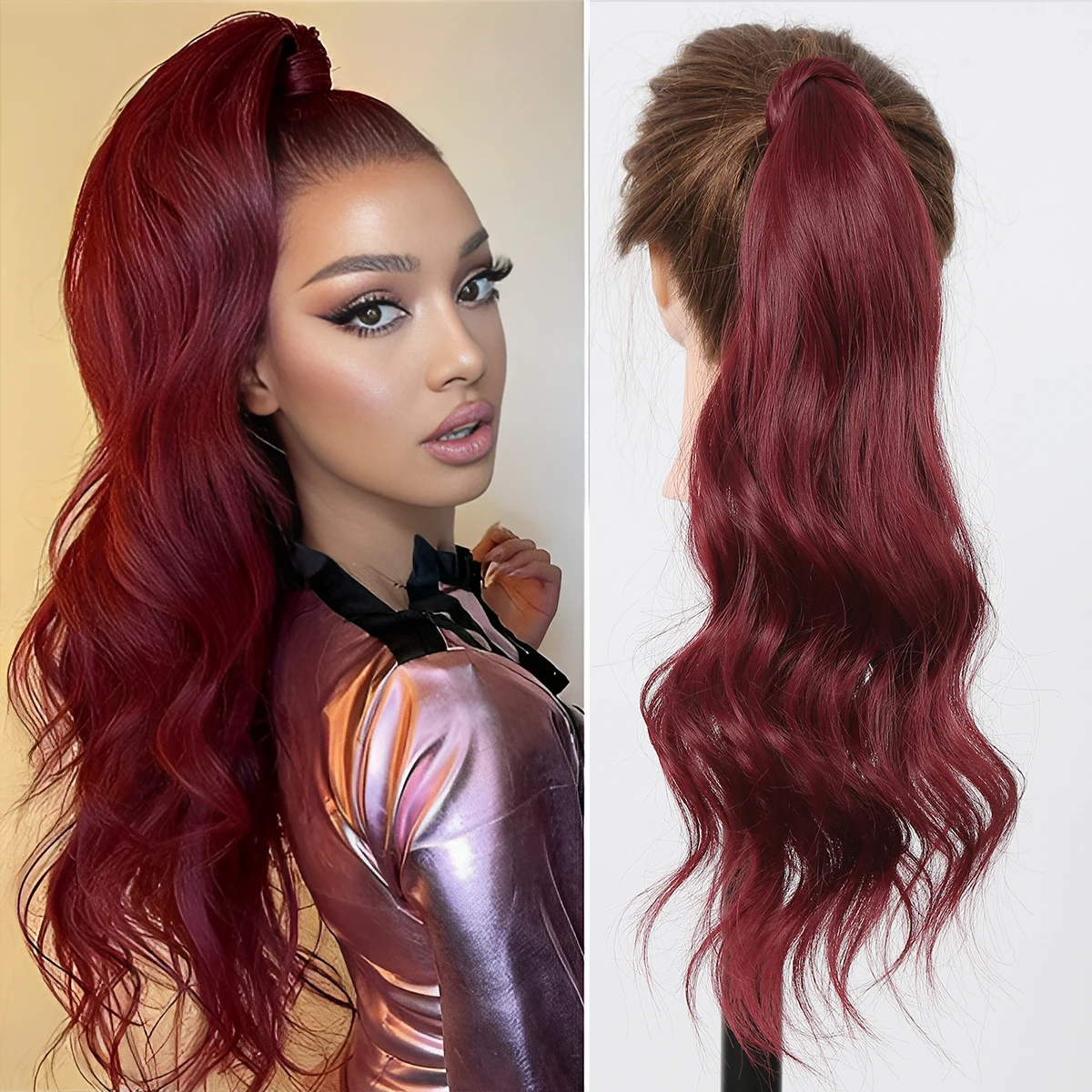 LOUIS FERRE Long Wine Red Wavy Ponytail Wigs for Women Stick On Horsetail Wine Red Wrap Around Hair Extensions