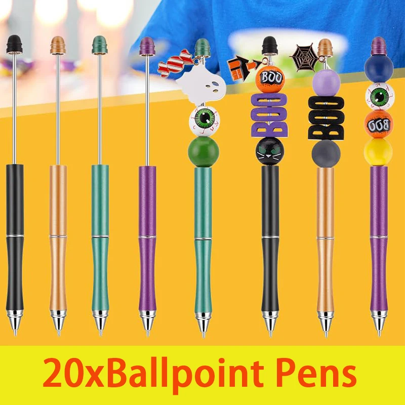 20Pcs Can Beaded Pen Variety Of Beaded Pens DIY Metal Bead Pen Black Ink Ballpoint Pen