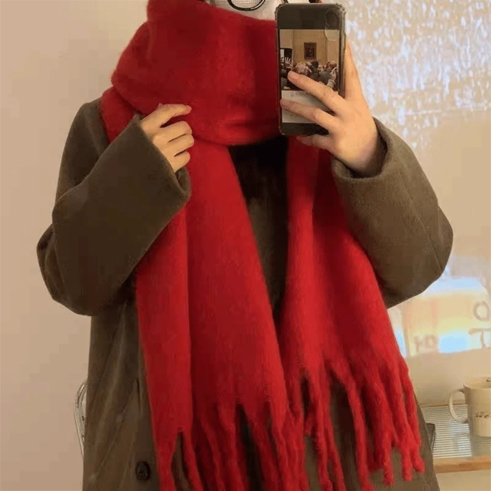 

Retro Mohair Wool Scarf Plush Tassel Winter Cashmere Scarves Keep Warm Thicken Long Shawl Autumn Winter