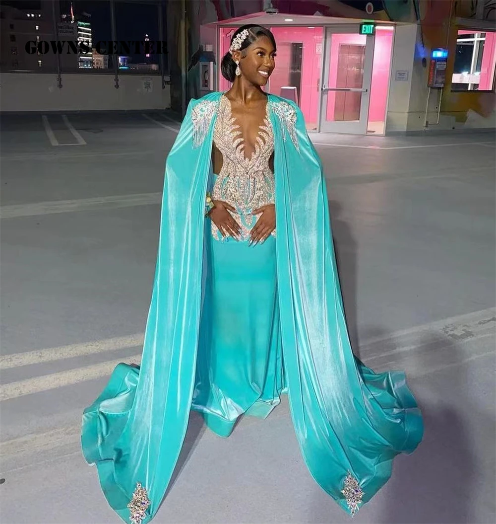 Turquoise Velvet Sliver Crystal Beading Prom Dresses For 2024 Luxury Designer Party With Cape Mermaid Black Girls Customized