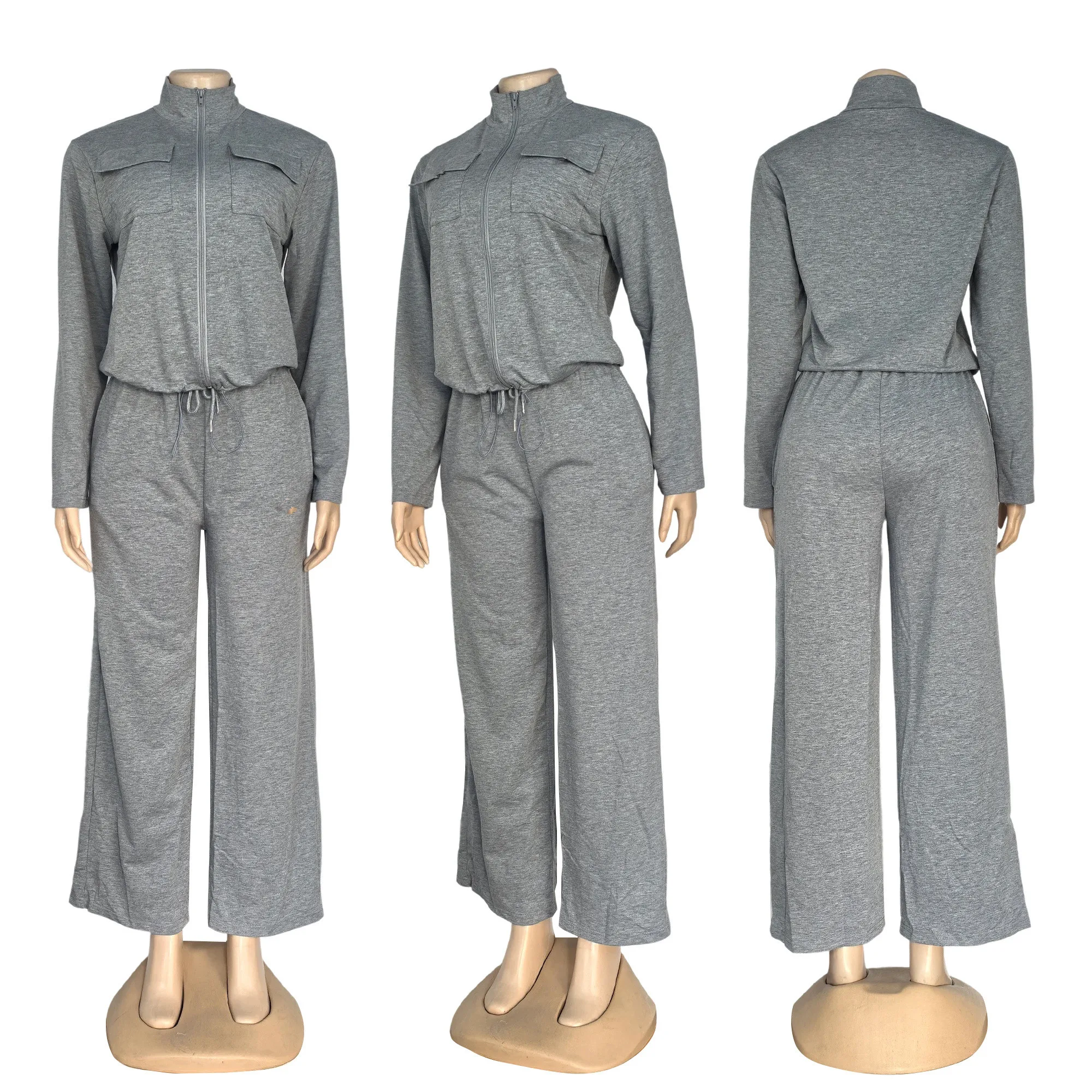 J5272 Autumn-Winter Leisure Embroidered Letter Zip-Up Hoodie Multi-Pocket Wide-Leg Pants Leisure Sports Set 4 Colors