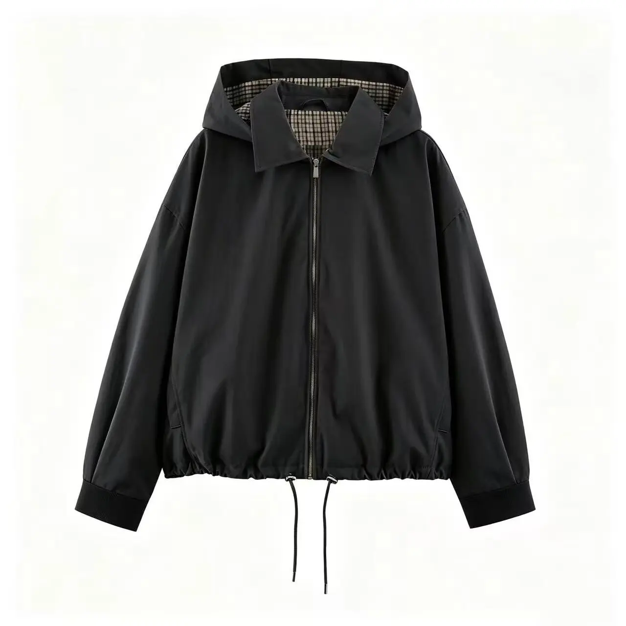 2026 Damen Stilvoller Mantel mit Karo-Futter, Herbstjacke mit abnehmbarer Kapuze, Revers, lockerer Passform, Reißverschluss, Kordelzug am Saum, lässige Streetwear-Oberbekleidung – Detail 5