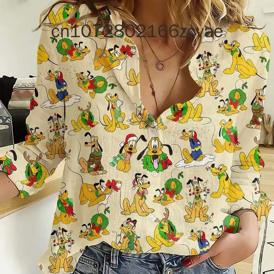 Disney Pluto Women's Shirt Fashion Elegant Long Sleeve Button Up Shirt Women's Y2k Hawaii Shirt Casual Beach Shirt Y2k Top