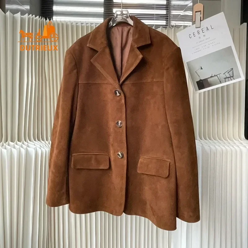 New Winter 100% Sheepskin Coat for Women, Suede Lambskin Lapel Retro Brown Suit Leather Loose Silhouette Casual Top Jacket Women