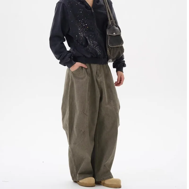 

American Retro Green Washed Jeans Unisex Curved Blade Design Minimalist Loose Casual Wide Leg Denim Trousers Fashion Silhouette