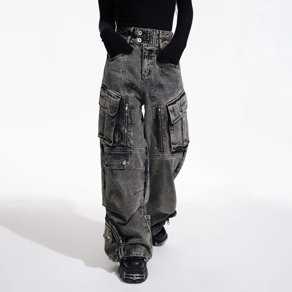 Y2K Streetwear Washed Grey Baggy Cargo Jeans Pants For Men 90S Vintage Clothes Wide Leg Zipper Gothic Denim Trousers