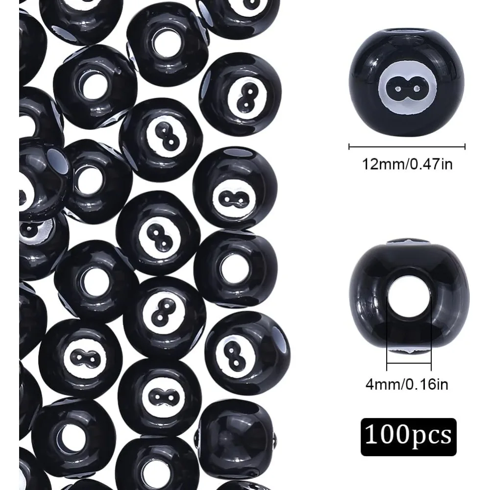 1 Box 100Pcs Black Eight Ball Beads 12mm Number 8 Spray Painted Acrylic Round Loose Bubblegum Sports Billiards Table Spacer