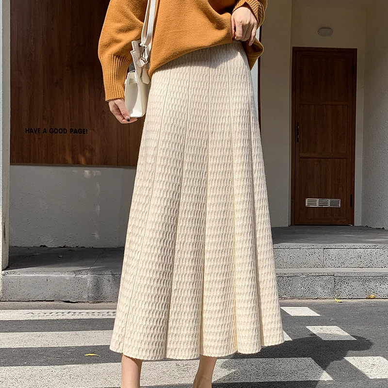 

Elegant Women Knitted Skirts Female Office Ladies Casual Loose Thicken A-Line High Waist Sweaters Skirt 2023 Autumn Winter L700