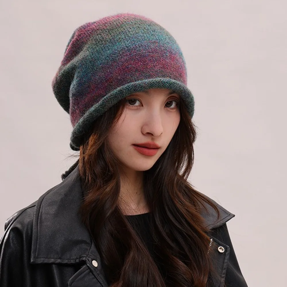 New Large Size Beanies Skullies Gradient Color Rolled-brim Bonnet Hat Soft Knitted Drawstring Slouch Hat