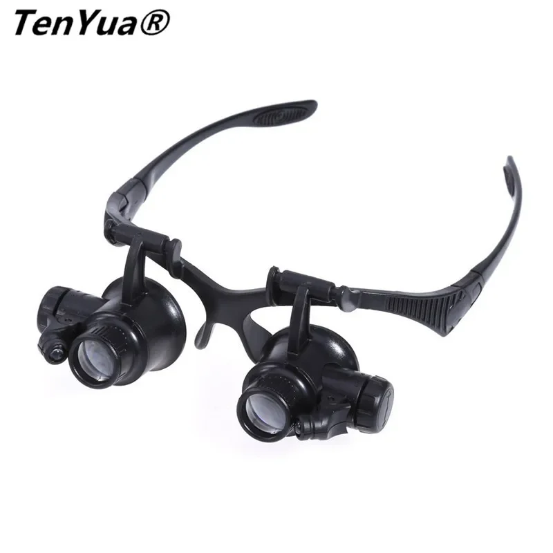 TenYua 10/15/20/25X LED Magnifier Magnifying Eye Glass Loupe Jeweler Watch Repair Magnifier Glasses With 2 Light Microscope