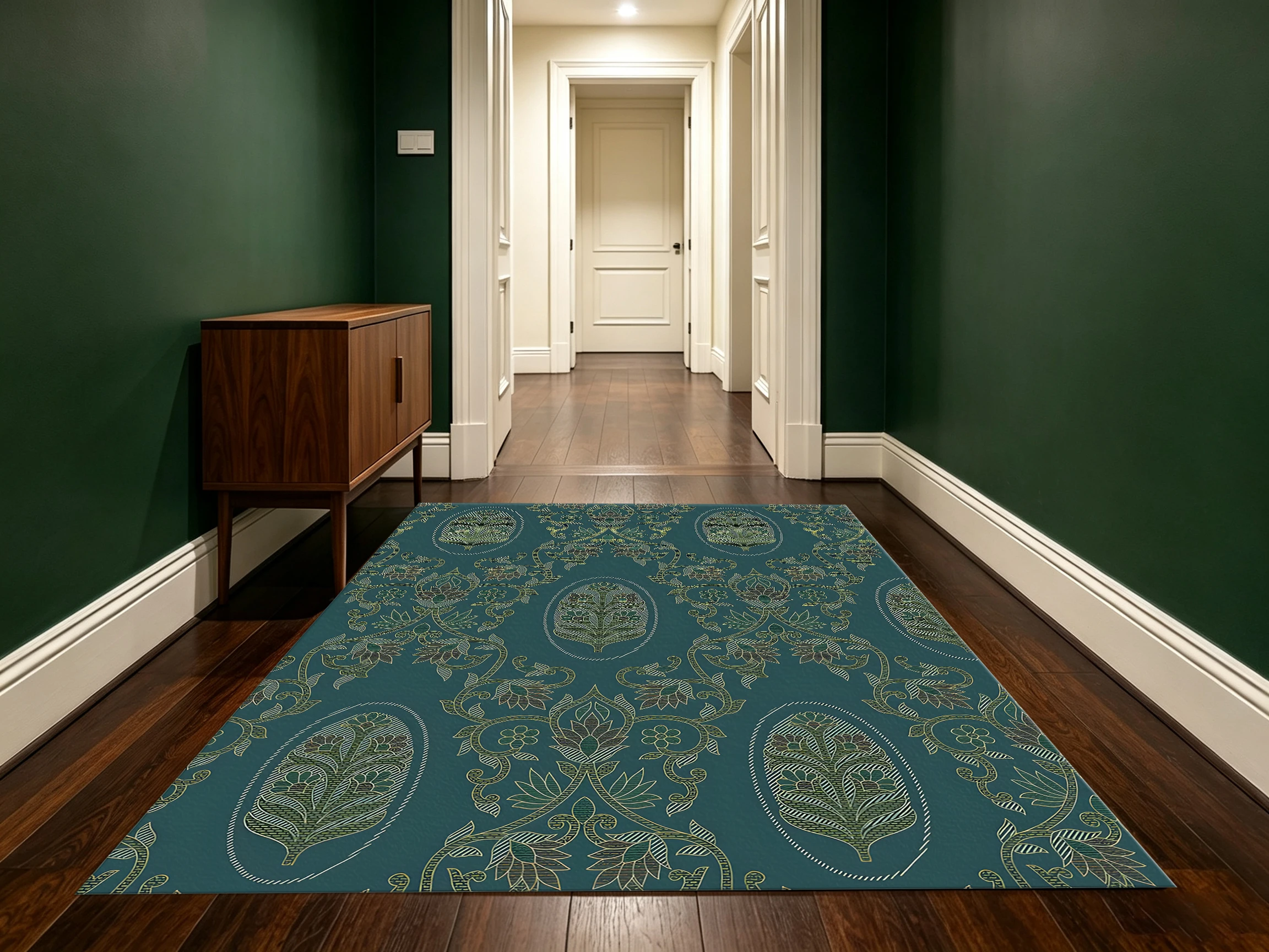 2D Carpet with Dark Green Retro Persian Pattern in Retro Exotic Style for Living Room and Bedroom