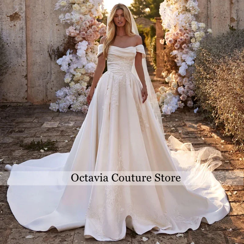 Custom Off The Shoulder Satin Wedding Dress Applique Draped A Line Bridal Dresses Court Train Vestidos De Novia Wedding Gown
