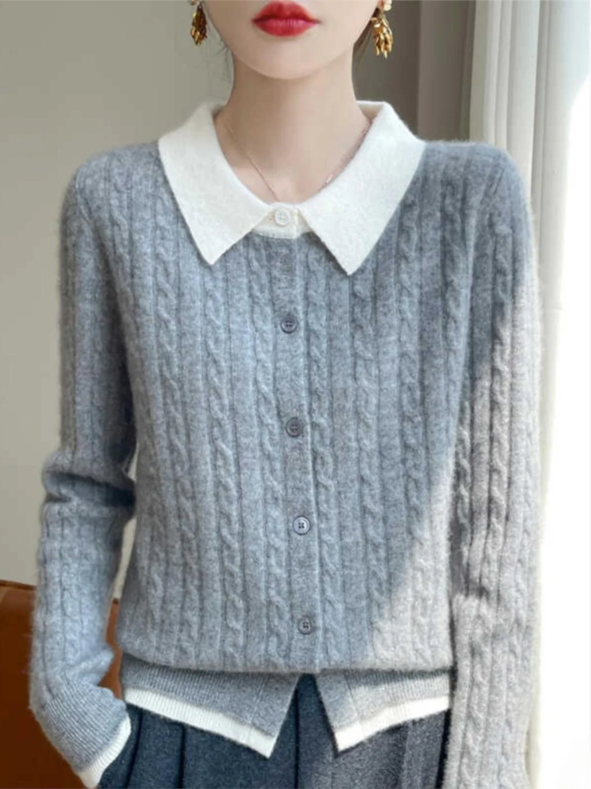 

Модный твидовый вязаный свитер для женщин: свободный крой, из чистой шерсти, весна-осень, с цветными блоками, вязаный пуловер с длинными рукавами