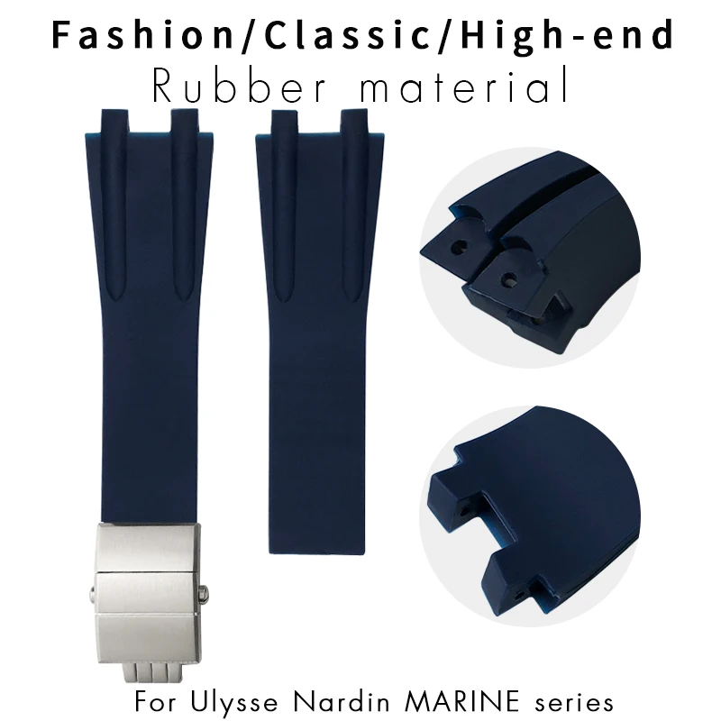 26mm Silicone Rubber Black Blue Watchband Fit for Ulysse Nardin Waterproof Watch Strap Metal Folding Buckle