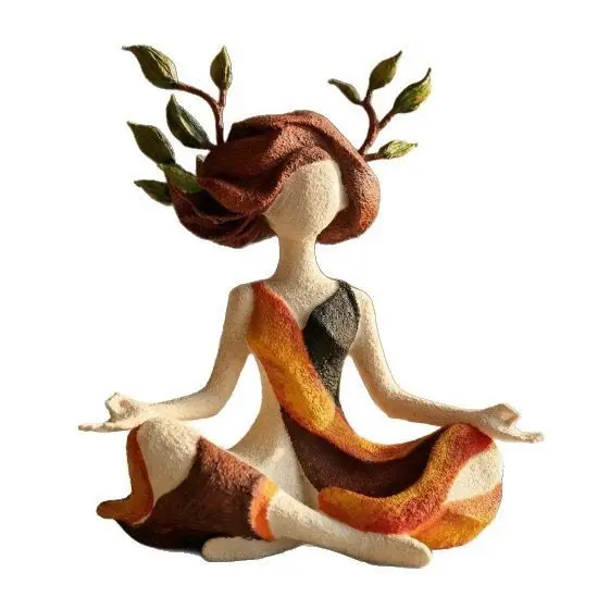 Autumn Leaf Hair Yoga Girl Figurine Resin Felt Texture Meditation Statue Home Office Desktop Decor For Lovers Calming Spiritual