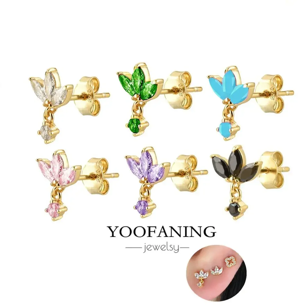 2025 Popular 925 Silver Needle High-end Leaf Design Colored Zircon Earrings Gold Silver Perforated Women's Jewelry Collection