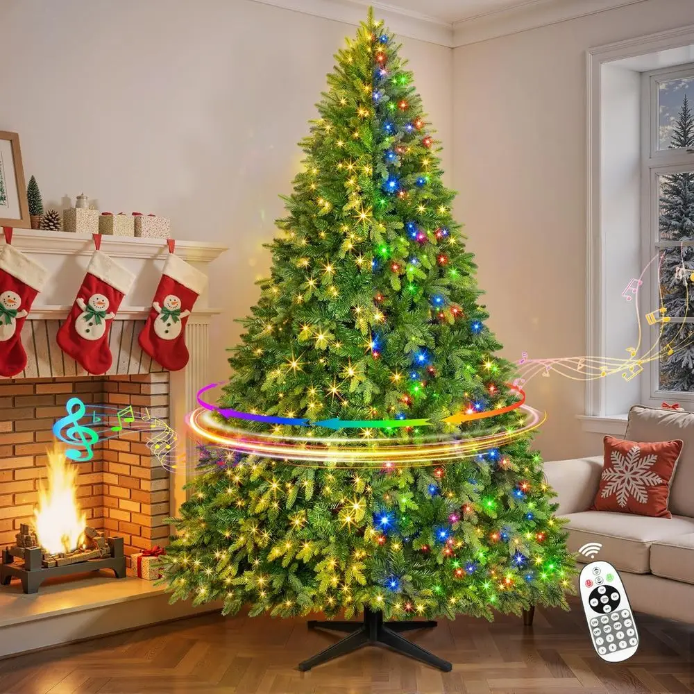 

9-Foot Pre-Lit Christmas Tree with Rotating Base, 600 LED Multi-Color Lights, 2512 Branch Tips, Green Artificial Holiday Tree wi