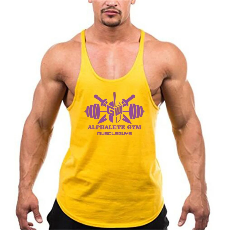 Men's Cotton Gym Stringer Tank Tops Low Scoop Neck Y-Back Racerback With Graphic Print Bodybuilding Clothing Workout Vests