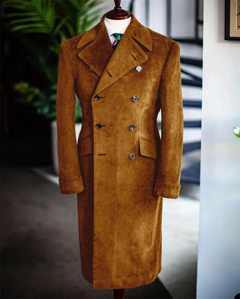 

Men's Corduroy Blazer Vintage Men's Long Overcoat Double Breasted Business Casual Jacket Warm Winter Fall Sport Coats