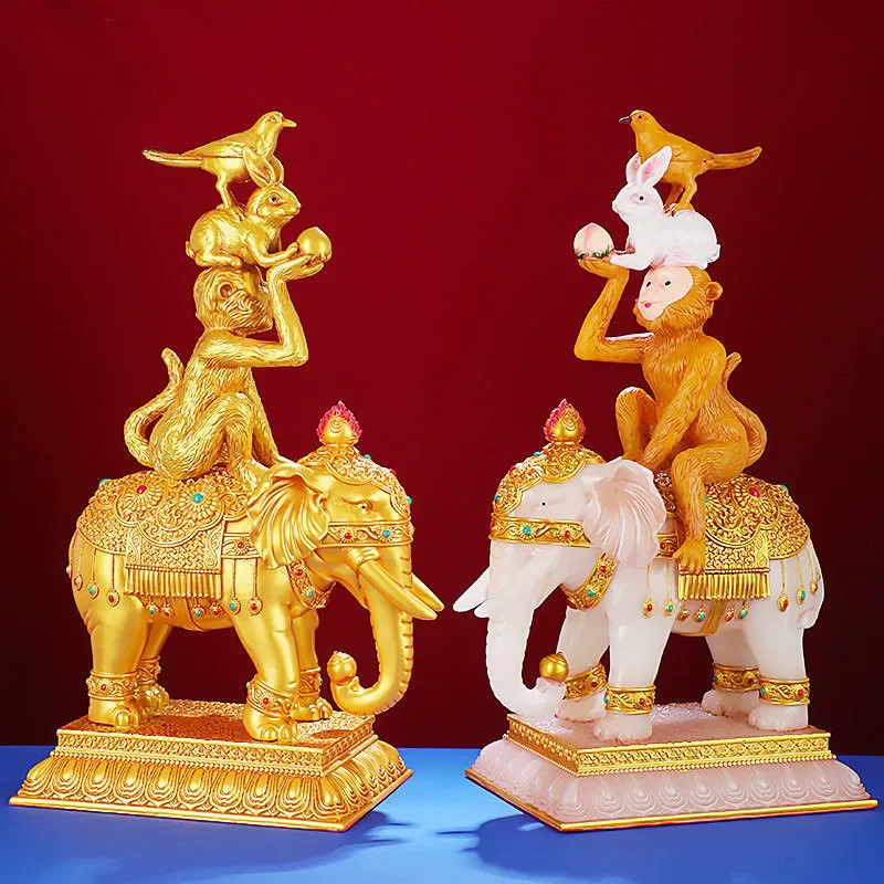 

Four Harmonious Friends Statue, Tibetan Buddhist Unity Animal Figurine Set, Elephant Monkey Rabbit Bird for Home Altar, Feng Shu