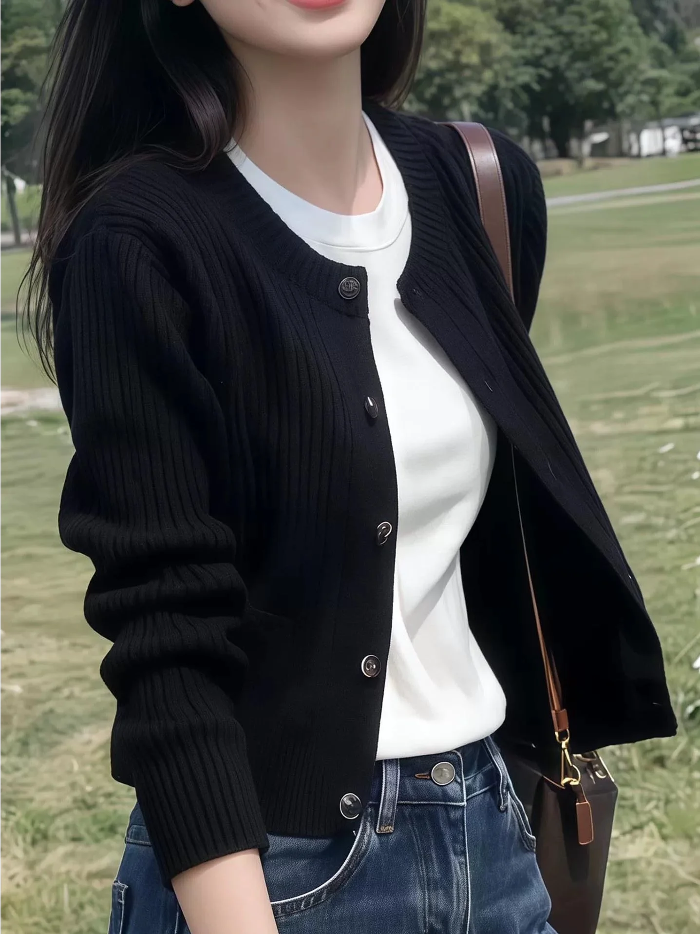 Fashionable Black Knitted Open Cardigan Large Size Beautiful Top Early Autumn Women's Wear Elegant Minimalist Style Loose Fit