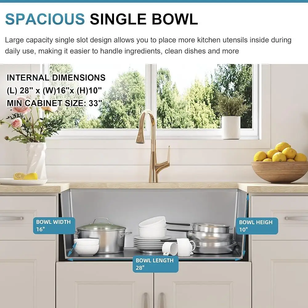 محطة عمل حوض المطبخ Undermount من الفولاذ المقاوم للصدأ مقاس 30 بوصة، وعاء واحد، ملحقات عازلة للصوت مصنوعة يدويًا عميقة