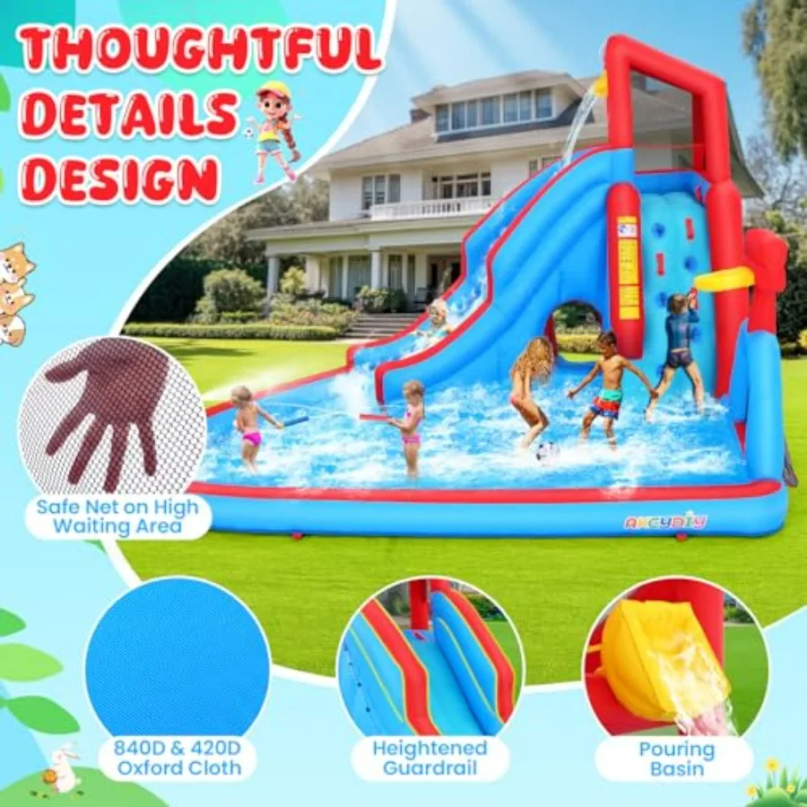 Backyard outdoor water slide inflatable bounce house park for kids: PVC material, blue and yellow, with climbing wall, long sli view 3