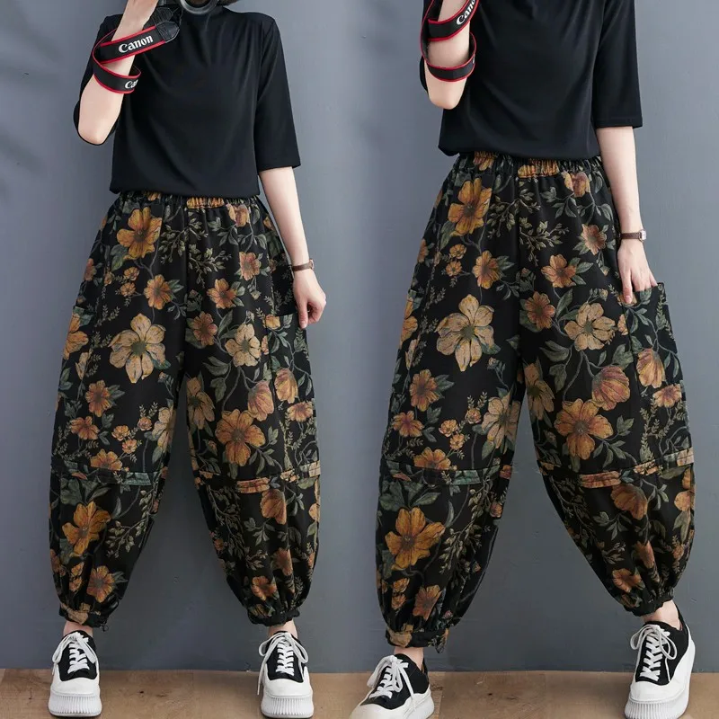 2023 Spring Autumn New Arts Style Women Elastic Waist Loose Casual Jeans Vintage Flowers Print Cotton Denim Wide Leg Pants P121