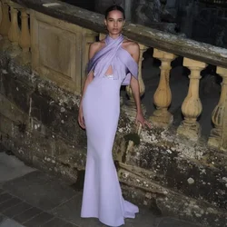 Halter Lavender Matte Satin Mermaid Long Evening Dress Light Purple Elegant Woman Clothes Simple Prom Dress For Wedding