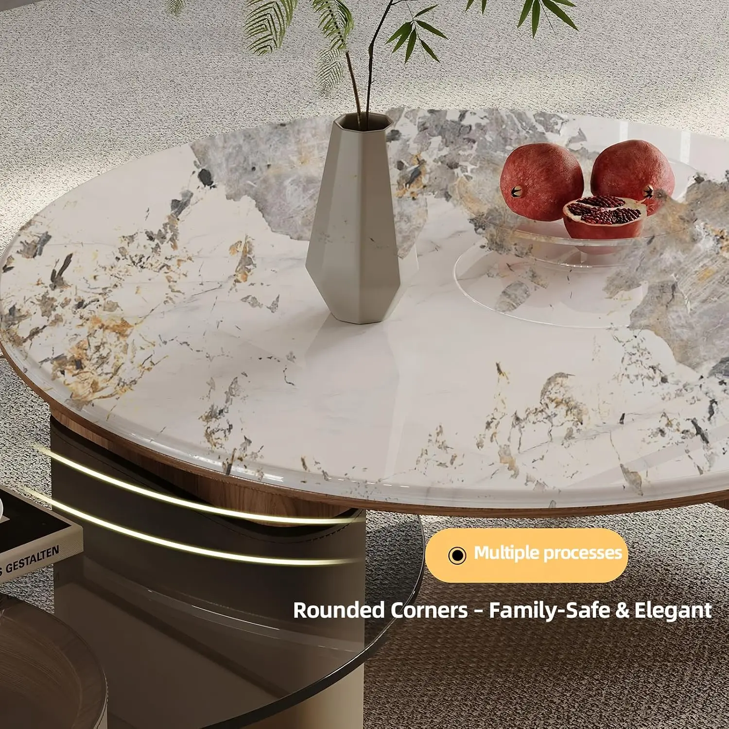 Round Coffee Table Marble Top Expandable Hidden Storage No Assembly Rolling Living Room Center Table Walnut, Customized