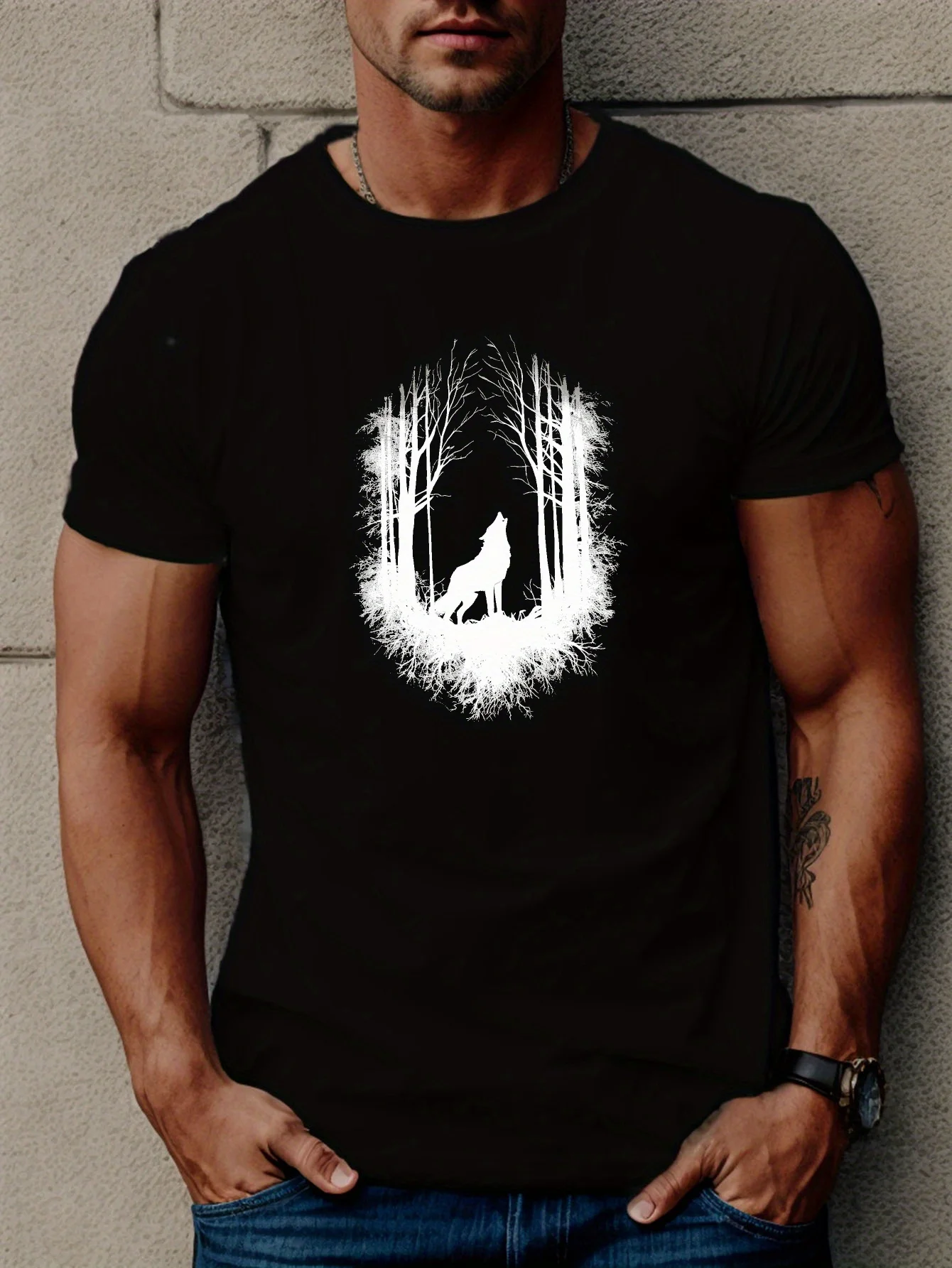 

Howling Wolf Print T-Shirt 100% Cotton O-Neck Short Sleeve Summer Casual Mens T-shirt Streetwear