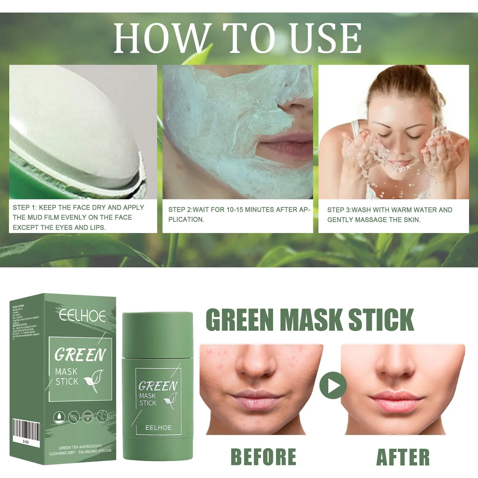 1-4PCS Green Tea Solid Face Mask Stick Deep Cleansing Pore Hydrating Clay Mask Easy Apply Skincare for Oily and Dry Skin Types
